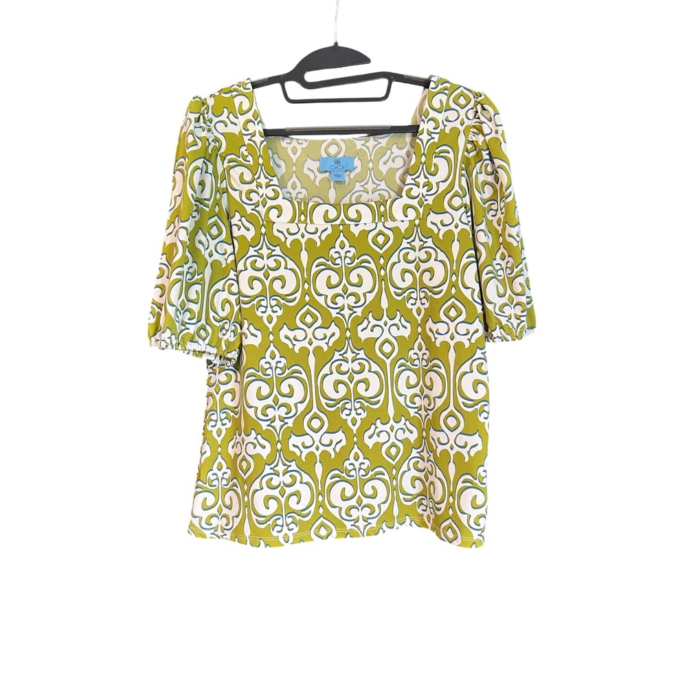 CeCe Womens Green Damask Print Square Neck Puff Sleeve Blouse Top Large RN51323